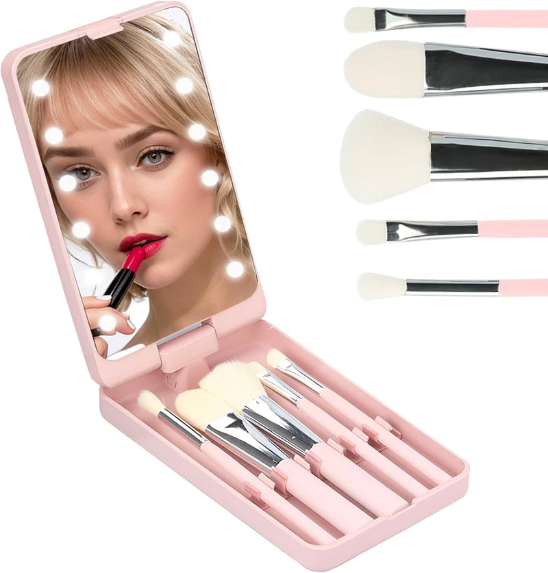 Pink Pocket Mirror with Led Light, 5 Makeup Brushes, Folding, Rechargeable, Dimmable, Compact Travel Mirror for Purse, Handbag