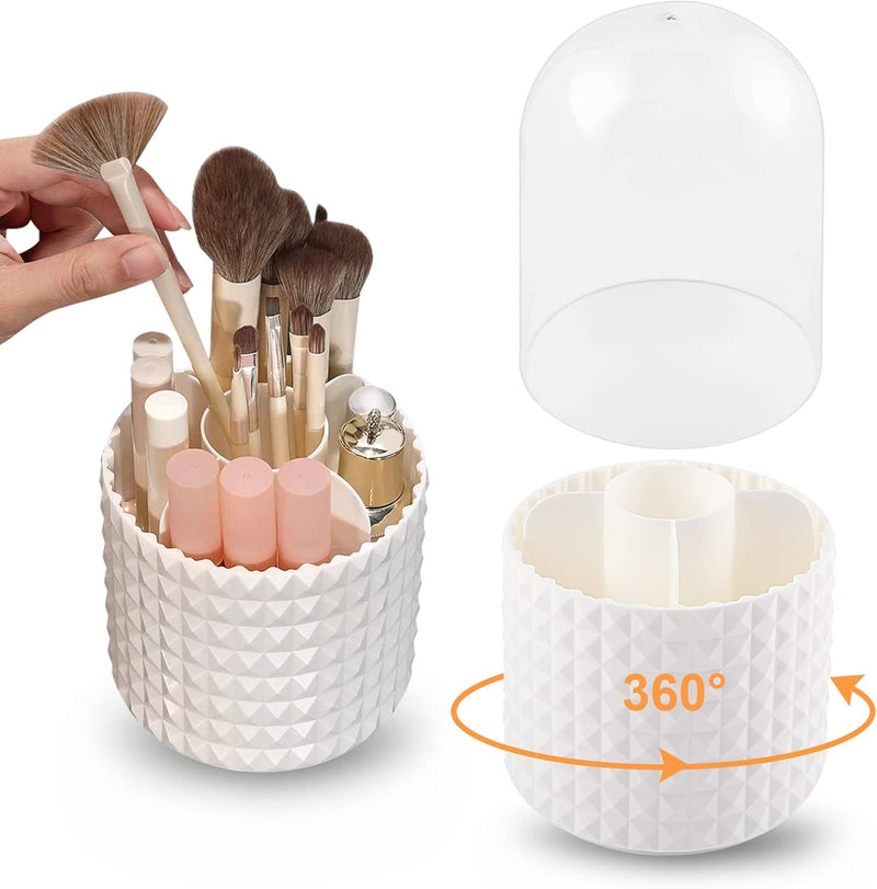 Makeup Brush Organiser Makeup Brush Holder with Lid, 360 Rotating Dustproof Cosmetics Organiser for Dressing Table and Bathroom