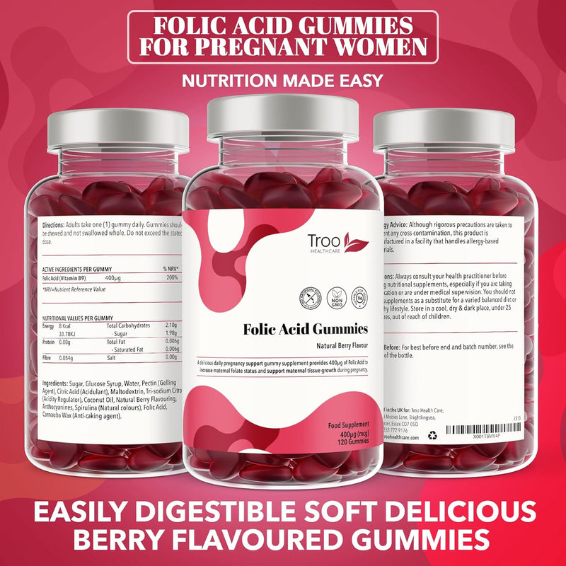 Folic Acid 400Μg Gummy Prenatal Supplement - 60 Natural Berry Flavour Gummies to Support Health Pregnancy & Foetus Development - No Common Allergens or GMO