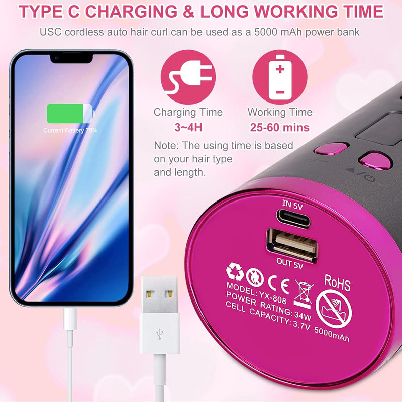 Cordless Curling Iron - Automatic Hair Curler with Built-In Rechargeable Battery, 6 Adjustable Temperature Setting Ceramic Professional Hair Curler for Long & Short Hair Stylingtyling