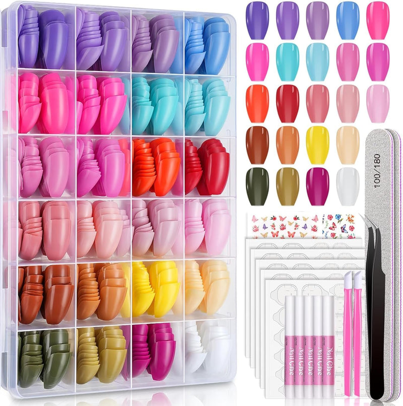 Press on Nails,  24 Colors/720 Pcs Medium Coffin Fake Nails with Glue, Emery Board, Tabs, Stickers & Tweezer for Women, Girls