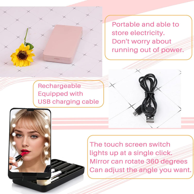 Pink Pocket Mirror with Led Light, 5 Makeup Brushes, Folding, Rechargeable, Dimmable, Compact Travel Mirror for Purse, Handbag