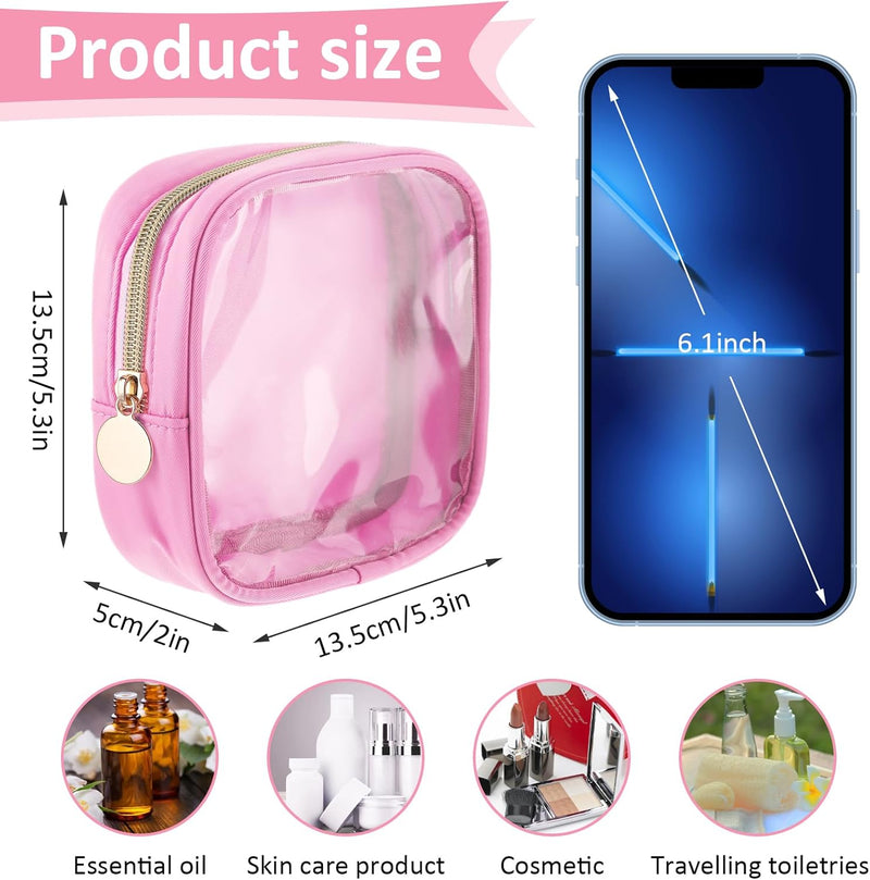 Small Clear Makeup Bags with Zipper, Cute Waterproof Cosmetic Bag Travel Toiletry Bag PVC Transparent Makeup Organizer Bag Coin Purse Mini Makeup Bag Nylon Travel Pouch for Women(Pink)