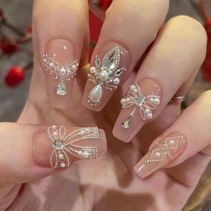 3D Nail Charms, 2 Boxes Multi-Shape Nail Art Charms Nail Rhinestones Flat Nail Pearls Gold Silver Caviar Beads Crystal Nail Gems for Nail Art Decoration DIY Crafts (F)