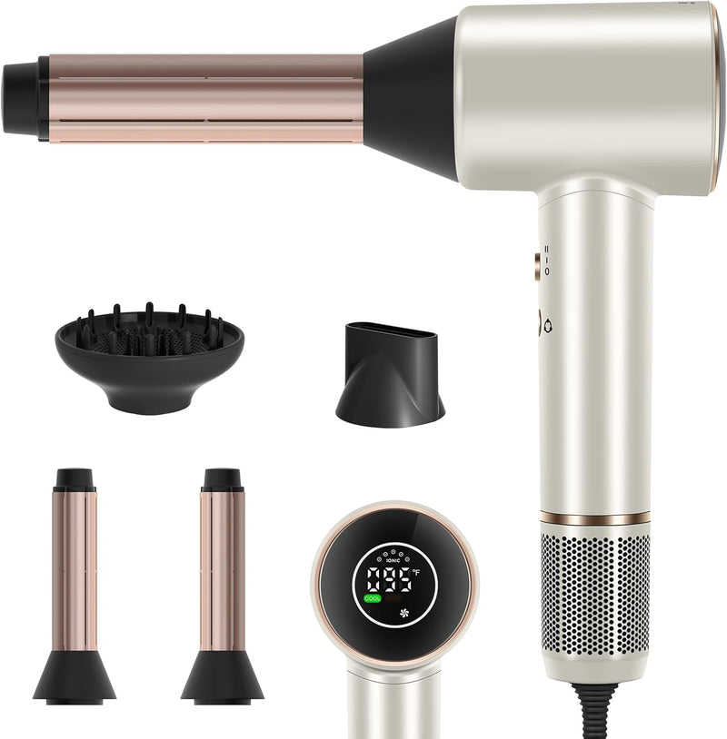 Air-Sonic Hair Dryer with Diffuser, HD-LED Display & 110, 000 RPM High Speed Ionic Blow Dryer, 32Mm Left & Right Air Auto-Wrap Curlers, Prussian Blue Professional Version