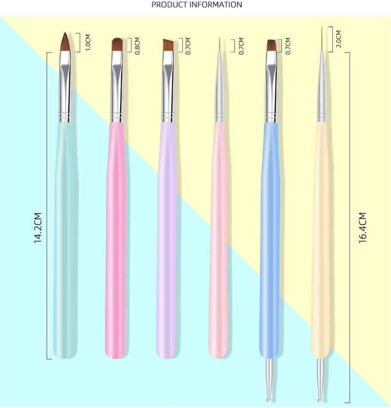 Nail Art Brushes, 6Pcs Nail Art Painting Tools with Nail Art Fine Liner Brush, Nail Design Painting Brushes Set, Builder Gel Brush, Nail Dotting Pen for Gel Polish Manicure Salon DIY, Multicolor