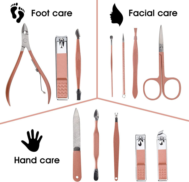 Nail Clippers and Beauty Tool Portable Set, Rose Gold Martensitic Stainless Steel Manicure Set 12 in 1, with Pink Leather Bag, Suitable for Home, Workplace, Outdoor Travel, Gift Giving, Beauty Salon.