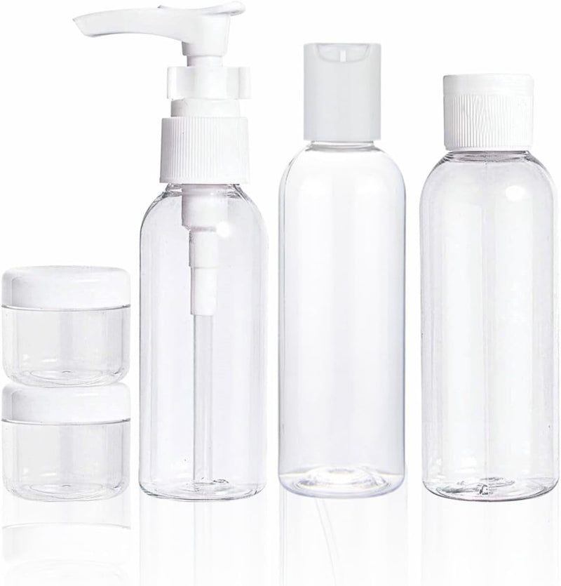 Travel Bottle Set Refillable Empty Clear Bottles Liquid Container Shampoo Lotion Toiletries Shower Bath Cosmetic Makeup Product Home Salon Essential Air Travel Size Travelling Accessory(Pack of 5)