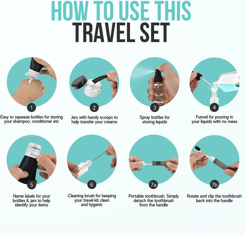 Travel Bottles for Toiletries – 18Pcs Travel Bottle Set with Clear Travel Toiletries Bag – Practical and Compact Airplane Travel Accessories Made of Silicone – Reusable and Versatile