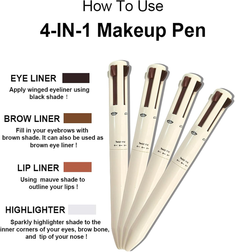 4 in 1 Makeup Pen, 2PCS, Eye Liner, Brow Liner, Lip Liner, Highlighter Pen, All in One Waterproof Long-Lasting Multi-Function Beauty Pencil, Facial Makeup Easy Carry for Wedding Party, 010