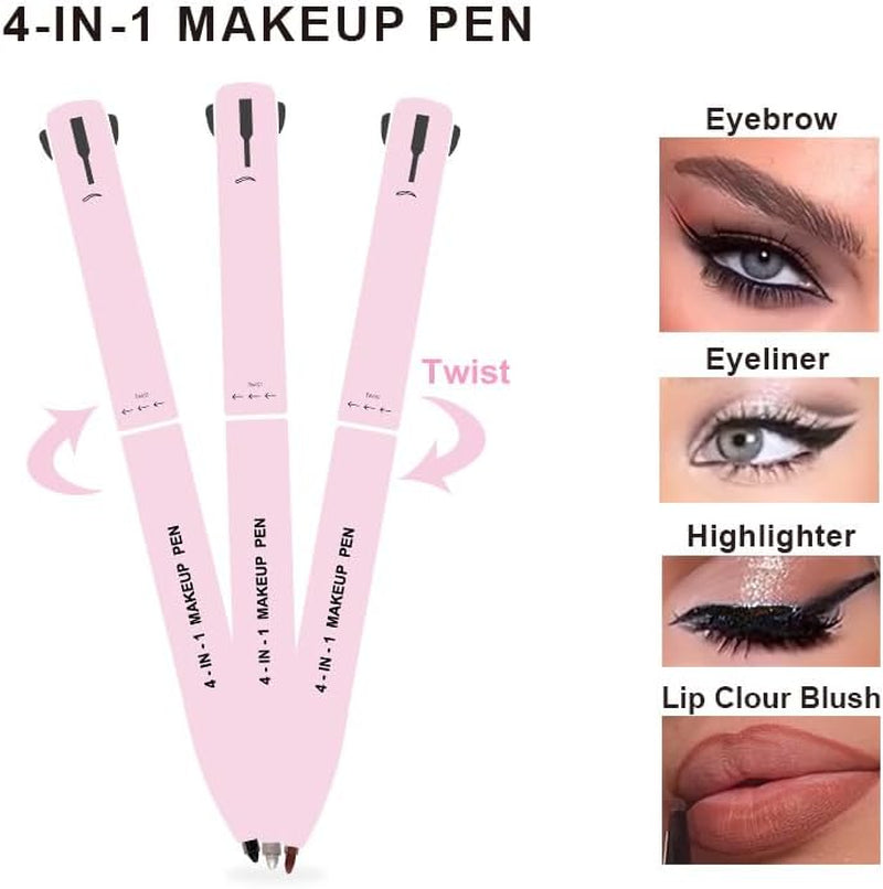 4-In-1 Makeup Pen,  Waterproof Multifunctional Makeup Pen, Pen Pal Makeup, Eyebrow Pencil & Eyeliner & Lip Liner & Highlighter Pen, 4-In-1 Makeup Pen