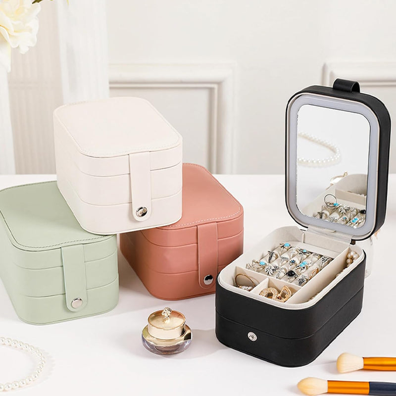 Travel Makeup Bag with 3 Colours Led Illuminated Mirror, Cosmetic Bag 3 Layers Portable Travel Jewellery Makeup Organiser Mirror Makeup Case with Dividers for Women (White)