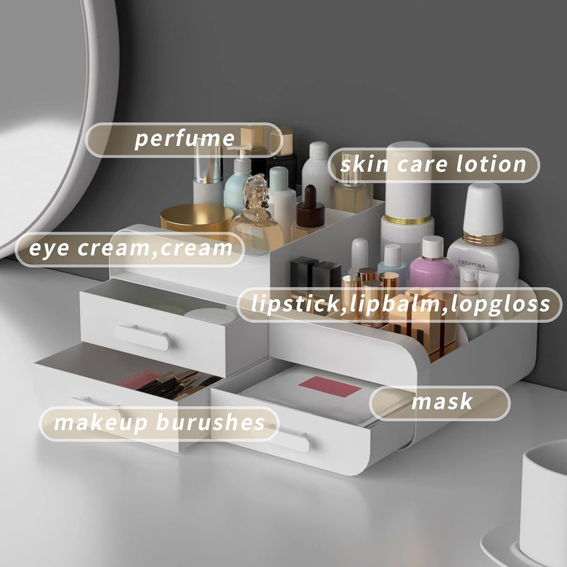 Makeup Organiser Cosmetic Storage Box, Make up Organizer Dressing Table Plastic Cosmetics Holder with Drawer - Large Countertop Vanity Cosmetic Stand Containers for Beauty Skincare Jewellery, White
