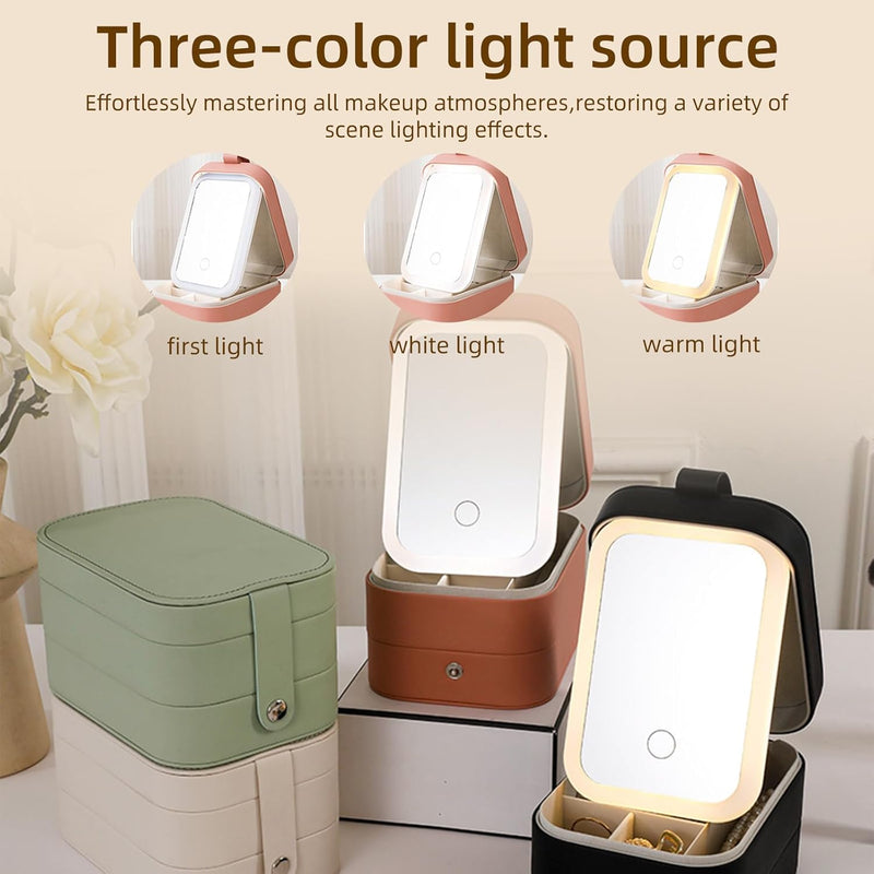 Travel Makeup Bag with 3 Colours Led Illuminated Mirror, Cosmetic Bag 3 Layers Portable Travel Jewellery Makeup Organiser Mirror Makeup Case with Dividers for Women (White)