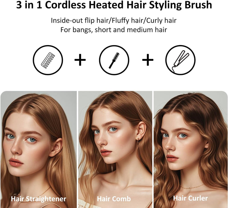 3 in 1 Hot Hair Curler and Straightener Brush, 40Mm, 4 Temperatures, USB Rechargeable (Blue)