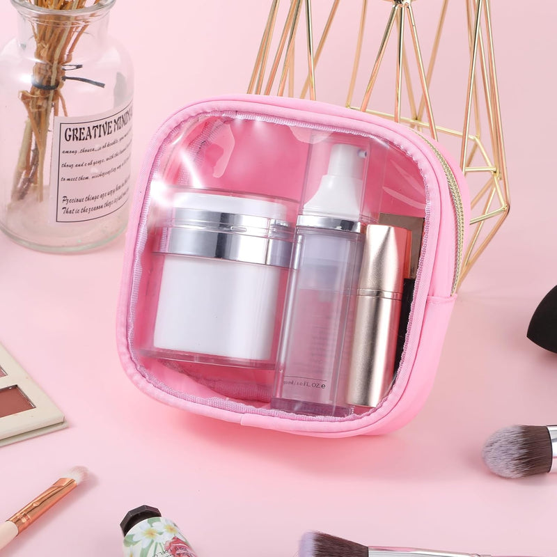 Small Clear Makeup Bags with Zipper, Cute Waterproof Cosmetic Bag Travel Toiletry Bag PVC Transparent Makeup Organizer Bag Coin Purse Mini Makeup Bag Nylon Travel Pouch for Women(Pink)