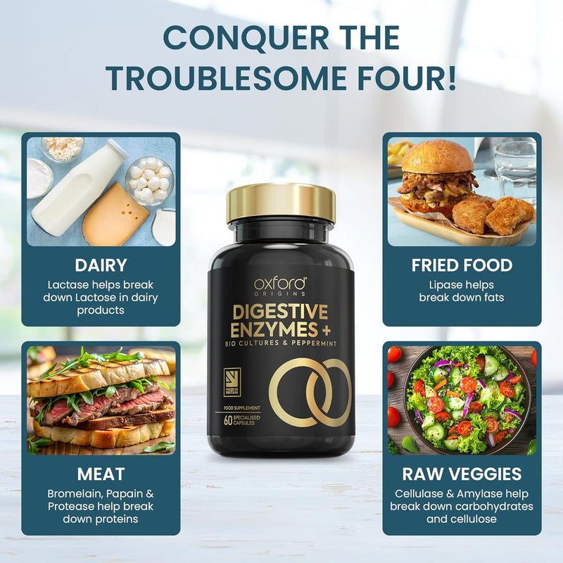 10-In-1 Digestive Enzyme Supplements | Made in the UK | Probiotics & Peppermint Oil for Gut Health, Bloating Relief and Belly Reduction | One Vegan Capsule per Meal | 90 Capsules