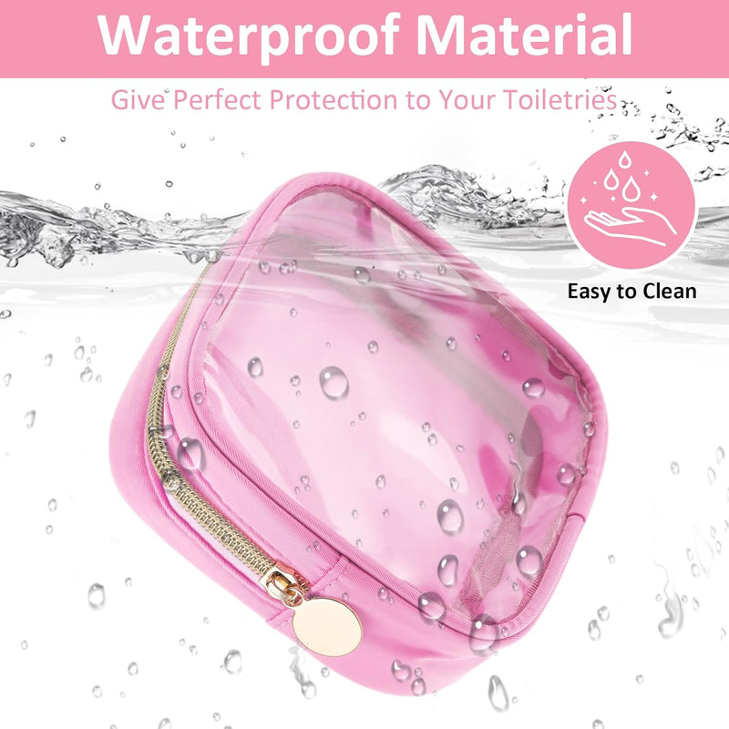 Small Clear Makeup Bags with Zipper, Cute Waterproof Cosmetic Bag Travel Toiletry Bag PVC Transparent Makeup Organizer Bag Coin Purse Mini Makeup Bag Nylon Travel Pouch for Women(Pink)