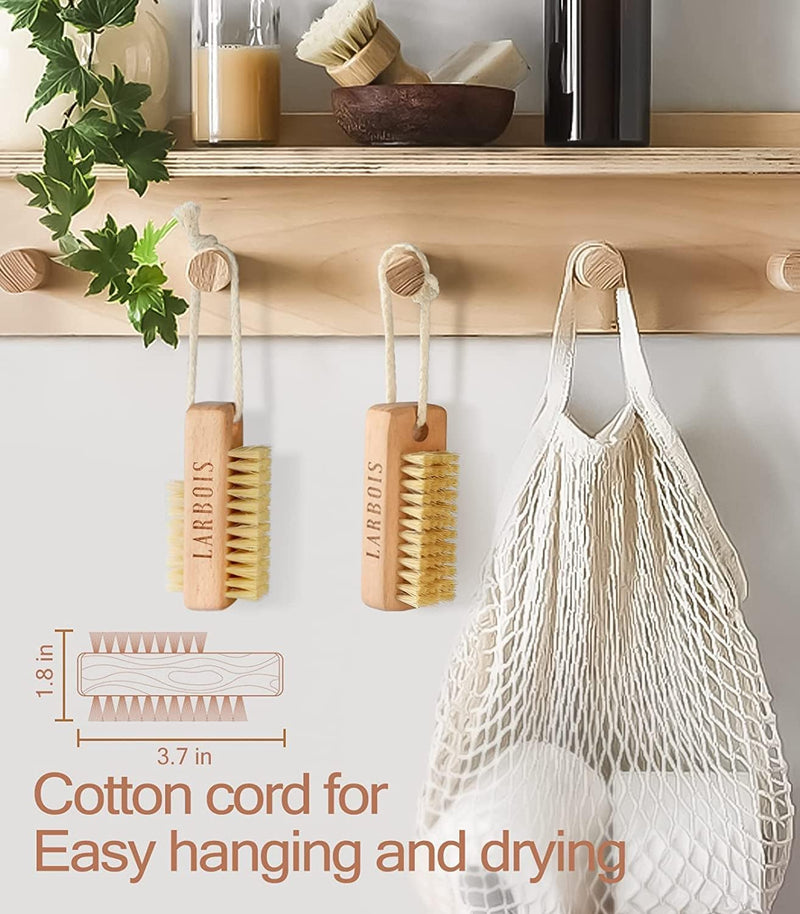 Wooden Nail Brush, Double Sided Hand and Nail Cleaning Brush, 2Pcs Scrubbing Brush Eco Friendly Fingernail Brush Hanging Rope Hand Toes Nail Home Garden Salon Use-Bench Wood, 1.0 Count