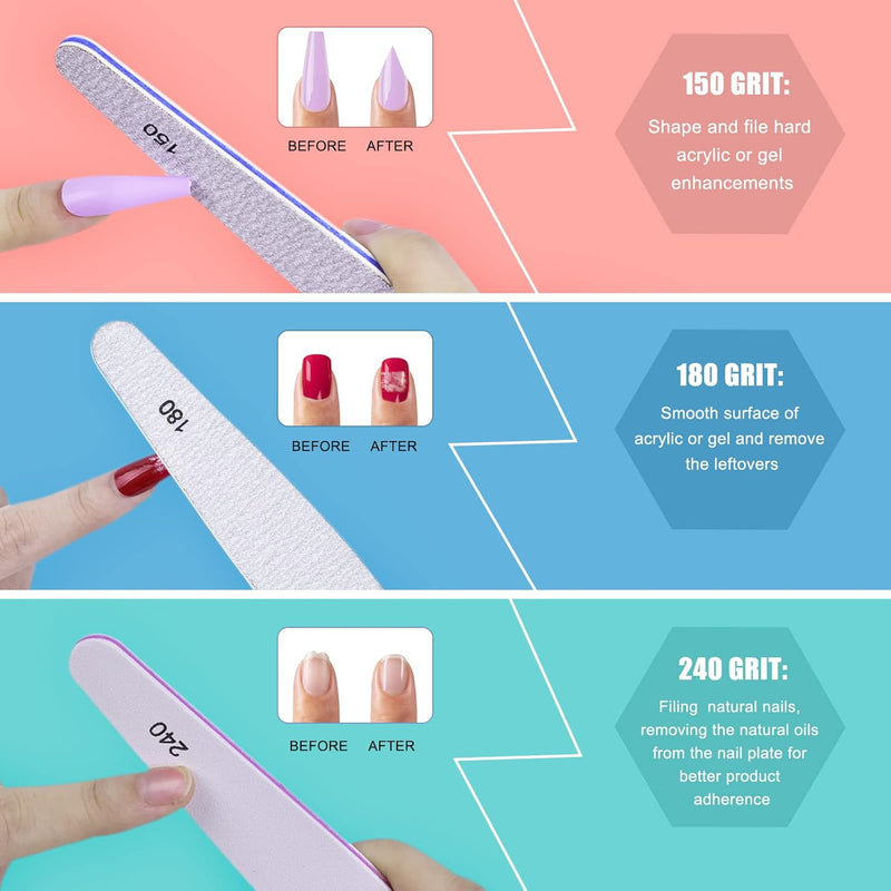 Nail Files,  6Pcs Professional Emery Boards Set for Acrylic Gel Natural Nails(Include 150,180,240,100/180,220/280,1000/4000 Grit)