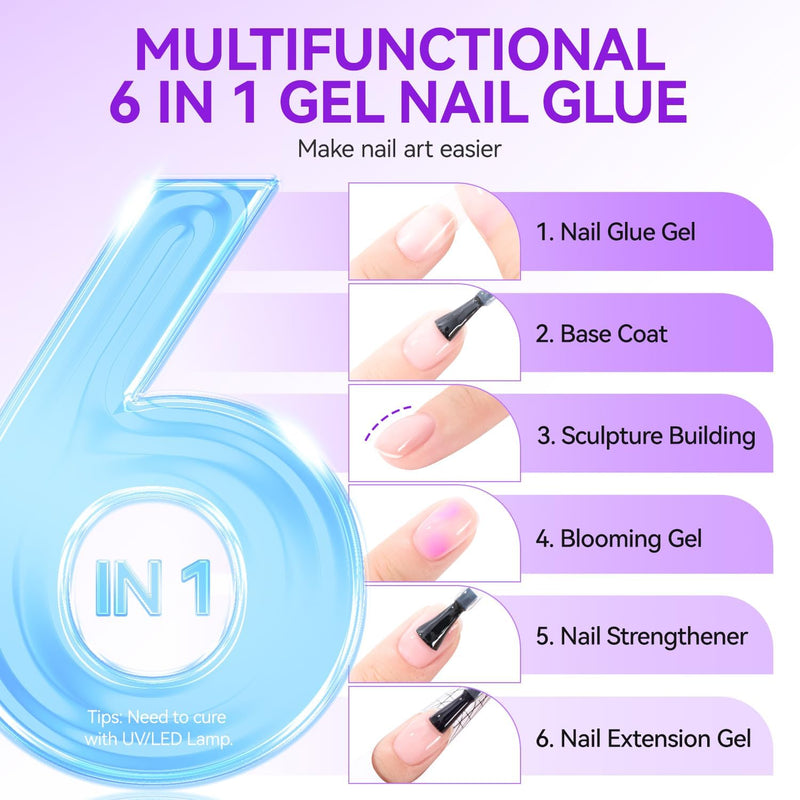 Gel Nail Glue - 6 in 1 UV Nails Glue Base Coat, Strong Adhesive for False Nails, Acrylic Tips, Press on Nails