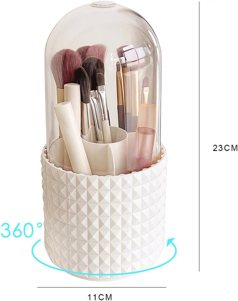 Makeup Brush Holder with Lid Organiser Storage - 360° Rotating Spinning Make up Organiser Adjustable Pencil Pen Holder Rack for Bathroom Drawers Vanities Countertops Office Desk White, 1002
