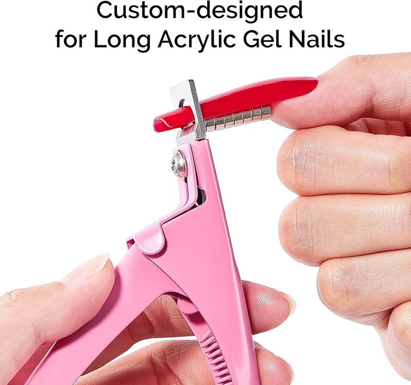 Acrylic Nail Clippers with 15Pcs Magnets Tip Cutters for Fake Gel Nails Sharp Professional Manicure Pedicure with Length Measurement Trimmer Nail Care Tools (Pink)