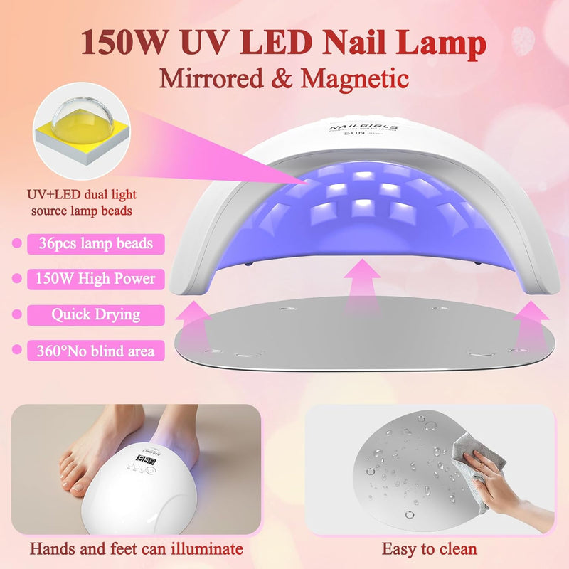 UV LED Nail Lamp, 150W Gel Polish Nail Dryer, 4 Timer Presets, Auto Sensor, Detachable Base, Nail Art Tools for Fingernail