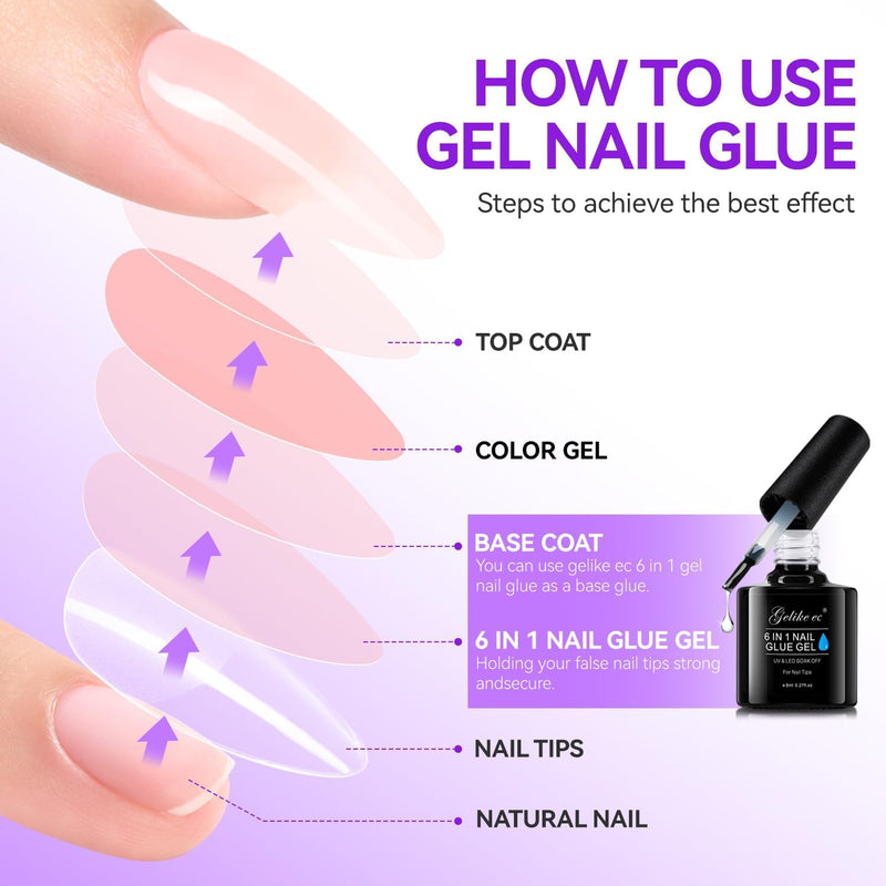 Gel Nail Glue - 6 in 1 UV Nails Glue Base Coat, Strong Adhesive for False Nails, Acrylic Tips, Press on Nails
