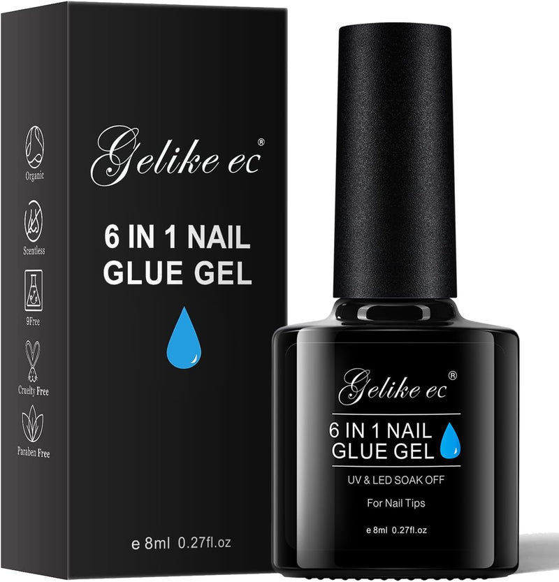 Gel Nail Glue - 6 in 1 UV Nails Glue Base Coat, Strong Adhesive for False Nails, Acrylic Tips, Press on Nails