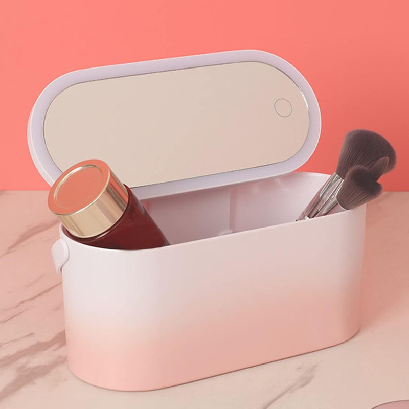 Portable LED Makeup Box,  Women Travel Makeup Box Organiser Storage with Led Mirror Travelling Toiletry (Pink Gradient)