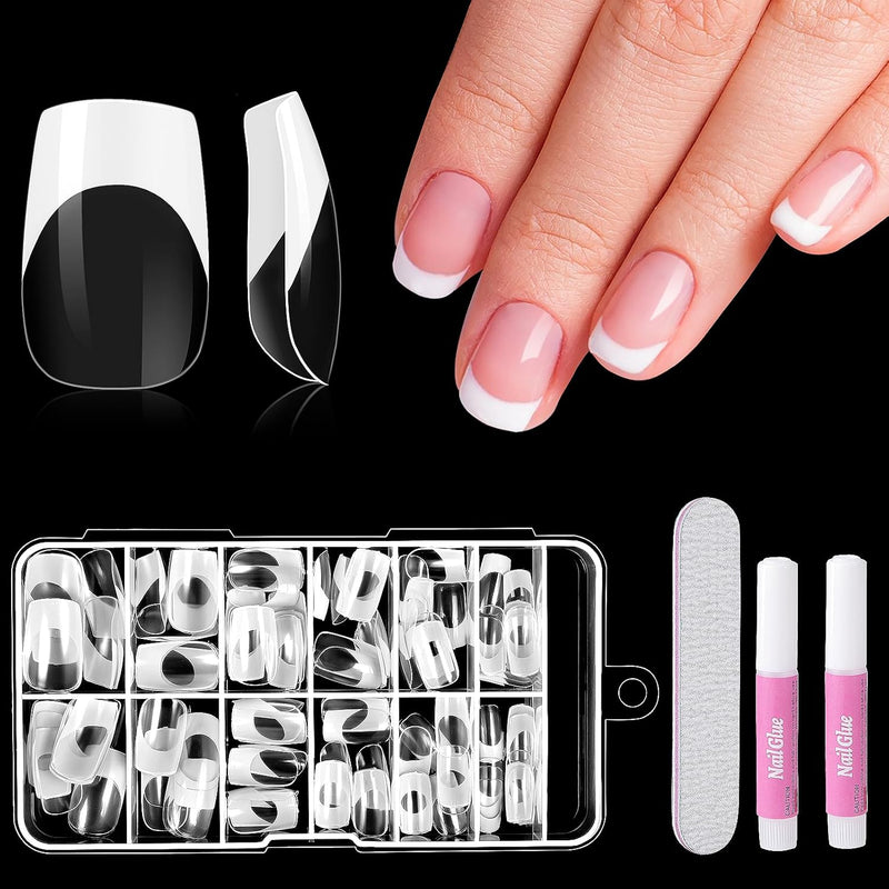 120Pcs French Manicure False Nails Square, Short French Tip False Nails, Full Cover Transparent Press on Nails Stick on Fake Nails for Women Girls Nails Art (White)