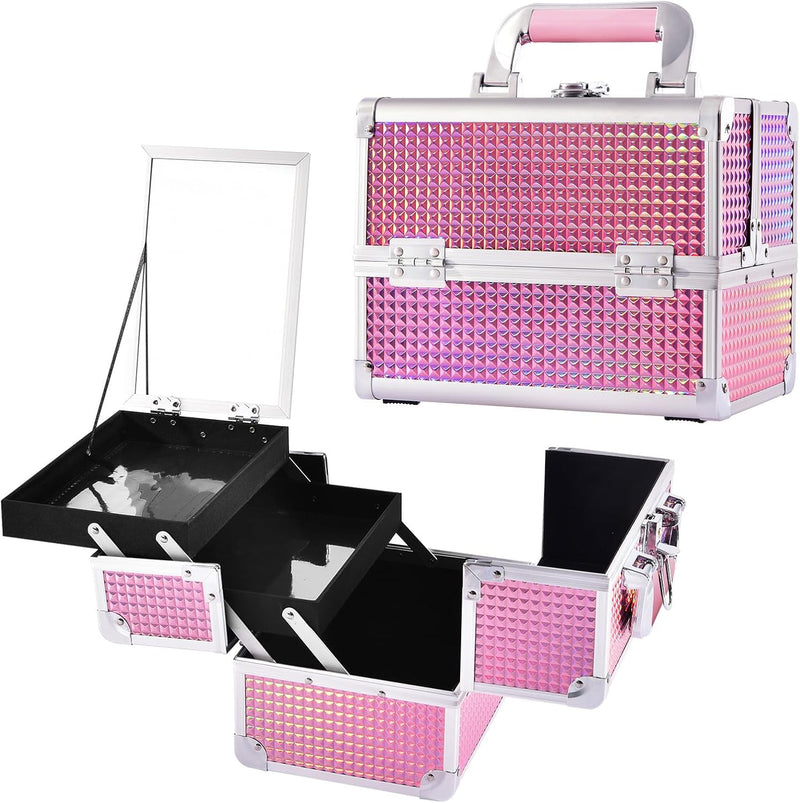 Makeup Box Vanity Case Cosmetic Organiser Box Beauty Storage Train Case with Mirror, Lockable with Keys, Holographic Pink