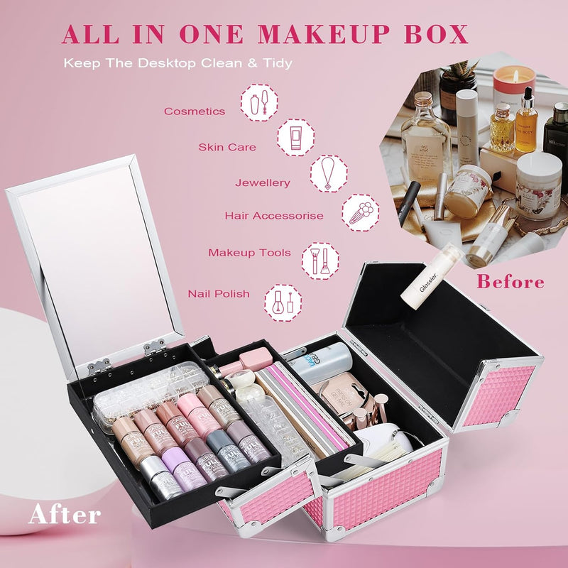 Makeup Box Vanity Case Cosmetic Organiser Box Beauty Storage Train Case with Mirror, Lockable with Keys, Holographic Pink