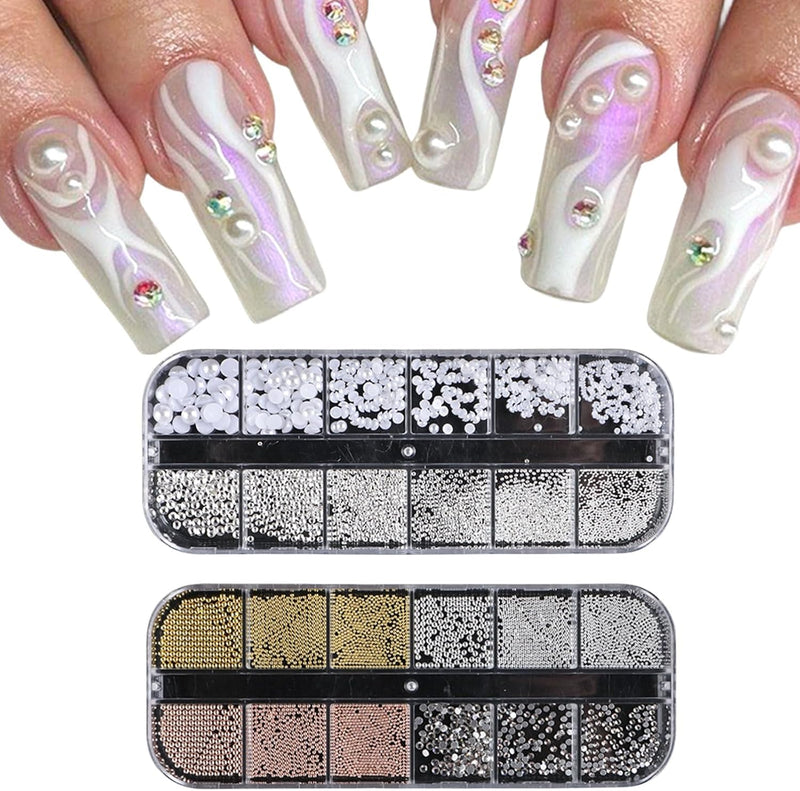 3D Nail Charms, 2 Boxes Multi-Shape Nail Art Charms Nail Rhinestones Flat Nail Pearls Gold Silver Caviar Beads Crystal Nail Gems for Nail Art Decoration DIY Crafts (F)