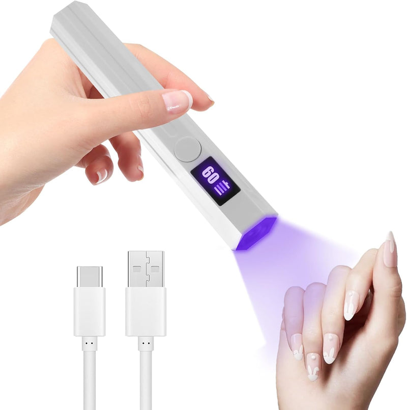 UV Nail Lamp Handheld UV Light Nail Dryer Curing Portable USB Rechargeable Led Mini Nail Lamps Quick Drying 3W Flash Cure Nail Dryer with LED Screen Gift for Women for DIY at Home, Travel, White