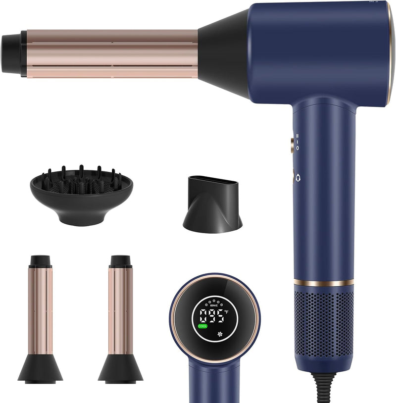 Air-Sonic Hair Dryer with Diffuser, HD-LED Display & 110, 000 RPM High Speed Ionic Blow Dryer, 32Mm Left & Right Air Auto-Wrap Curlers, Prussian Blue Professional Version