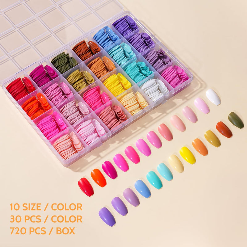 Press on Nails,  24 Colors/720 Pcs Medium Coffin Fake Nails with Glue, Emery Board, Tabs, Stickers & Tweezer for Women, Girls