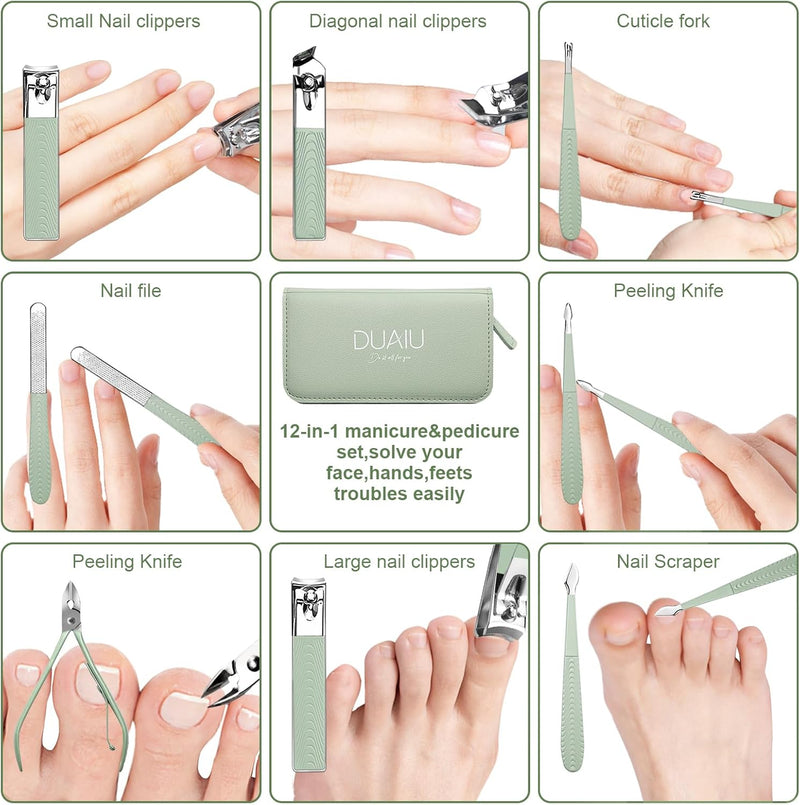 Manicure Set,12Pcs Nail Clippers Set Professional Nail Kit Stainless Steel Nail Care Tools Pedicure Kit Manicure Set with PU Leather Bag Gift for Men Women
