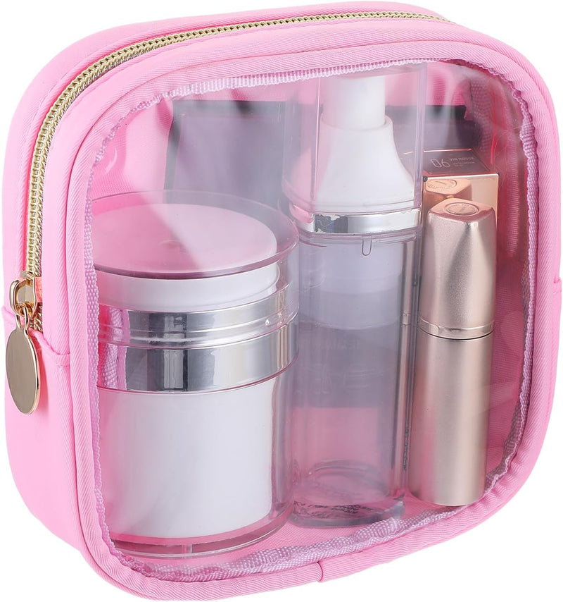 Small Clear Makeup Bags with Zipper, Cute Waterproof Cosmetic Bag Travel Toiletry Bag PVC Transparent Makeup Organizer Bag Coin Purse Mini Makeup Bag Nylon Travel Pouch for Women(Pink)
