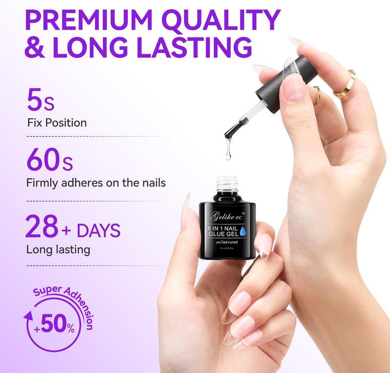 Gel Nail Glue - 6 in 1 UV Nails Glue Base Coat, Strong Adhesive for False Nails, Acrylic Tips, Press on Nails