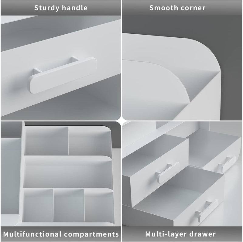 Makeup Organiser Cosmetic Storage Box, Make up Organizer Dressing Table Plastic Cosmetics Holder with Drawer - Large Countertop Vanity Cosmetic Stand Containers for Beauty Skincare Jewellery, White