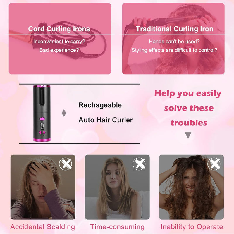 Cordless Curling Iron - Automatic Hair Curler with Built-In Rechargeable Battery, 6 Adjustable Temperature Setting Ceramic Professional Hair Curler for Long & Short Hair Stylingtyling
