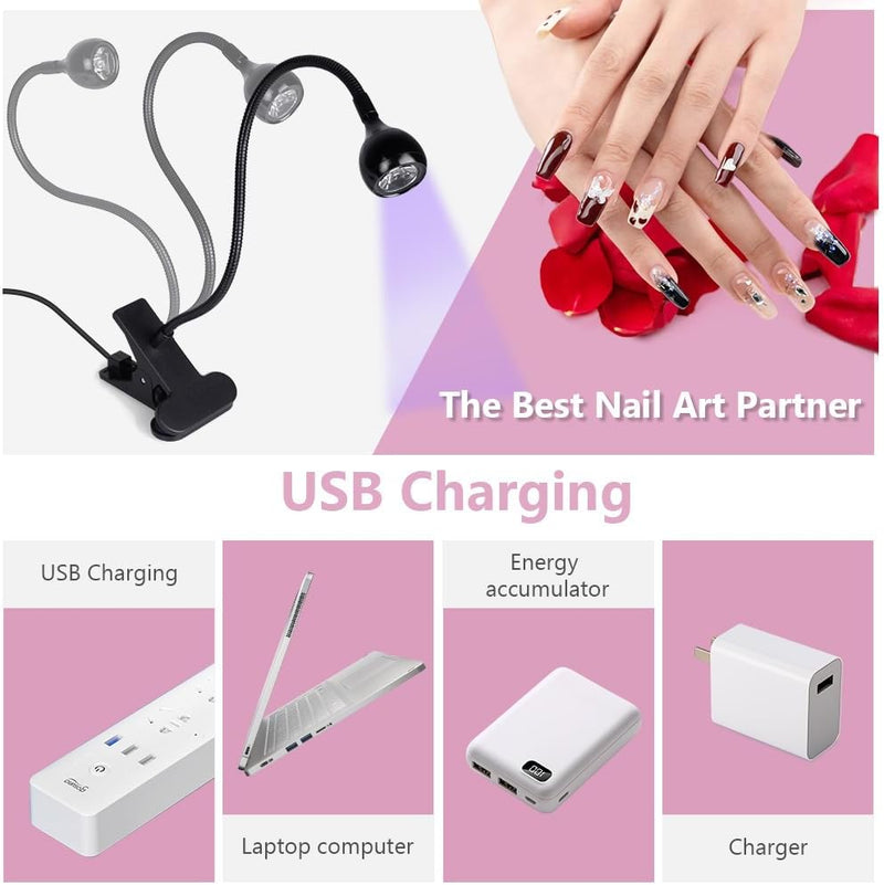 Mini UV Nail Lamp, Small LED Lamps for Gel Nails, 3W UV Glue Curing Lamp with Securing Clip, Rotatable & Rechargeable Mini Nail Dryer, Portable LED Nail Light, Gift for Women Nail Art (Black)