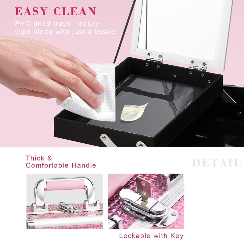 Makeup Box Vanity Case Cosmetic Organiser Box Beauty Storage Train Case with Mirror, Lockable with Keys, Holographic Pink