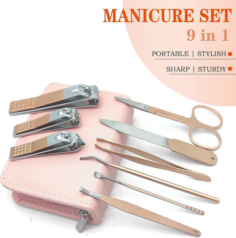 Nail Clippers Manicure Set - 9 in 1 Professional Stainless Steel Nail Scissors Grooming Kit for Women & Man Nail Care Tools Pedicure Kit with Pink PU Leather Zip Case for Travel & Home（Rose GOLD）