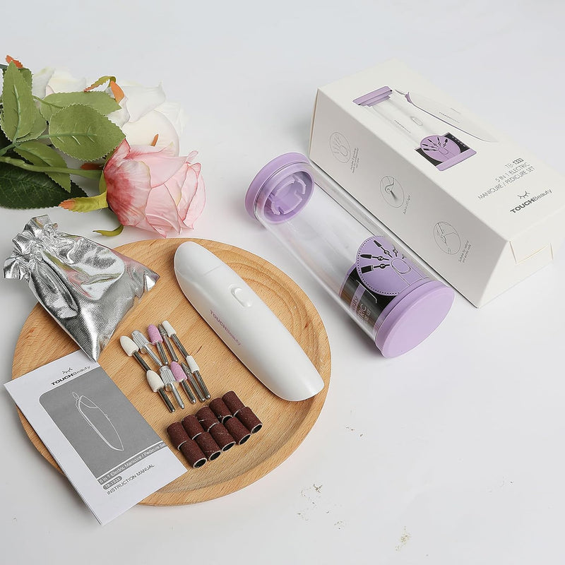 Electric Nail Drill, 5 in 1 Manicure & Pedicure Set Electric Nail Files with LED Light for Acrylic Nails with Buffer, Polisher, Shine, Sharper AG-1333 (Purple)