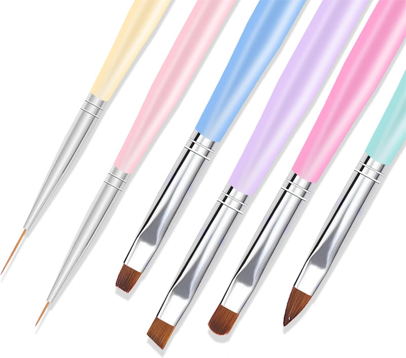 Nail Art Brushes, 6Pcs Nail Art Painting Tools with Nail Art Fine Liner Brush, Nail Design Painting Brushes Set, Builder Gel Brush, Nail Dotting Pen for Gel Polish Manicure Salon DIY, Multicolor
