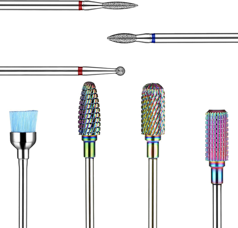7 Pcs Nail Drill Bits Set, Tungsten 3/32 Inch Carbide Diamond Nail Drill Bits for Acrylic Nails, Curticle Bit for Nail Drill, Professional Cuticle Removal Nail Tools for Manicure Pedicure