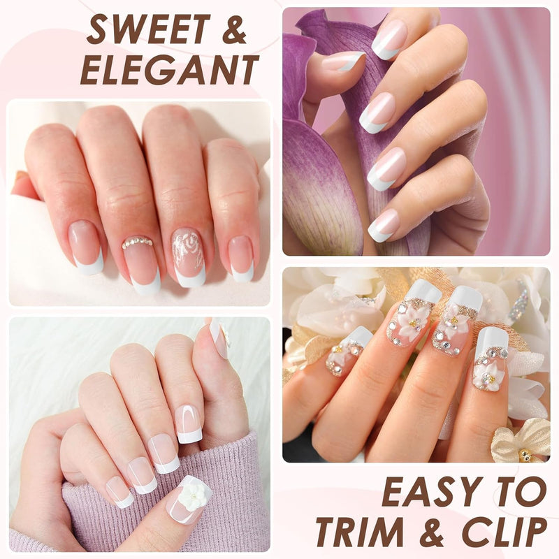 120Pcs French Manicure False Nails Square, Short French Tip False Nails, Full Cover Transparent Press on Nails Stick on Fake Nails for Women Girls Nails Art (White)